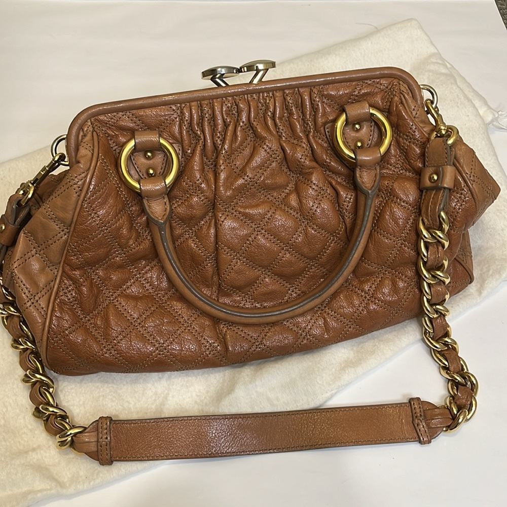 Marc Jacobs Stam Purse Satchel Frame Handbag Brown Quilted Leather Chain Strap